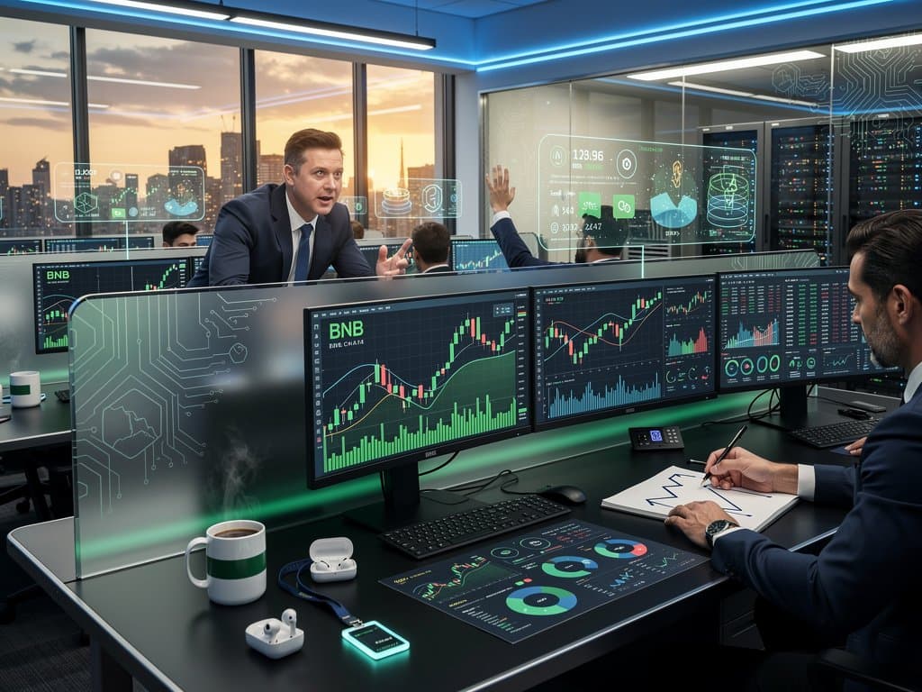 Modern trading floor with multi-monitor setups showing BNB price charts at $632 and crypto derivatives data under blue lights