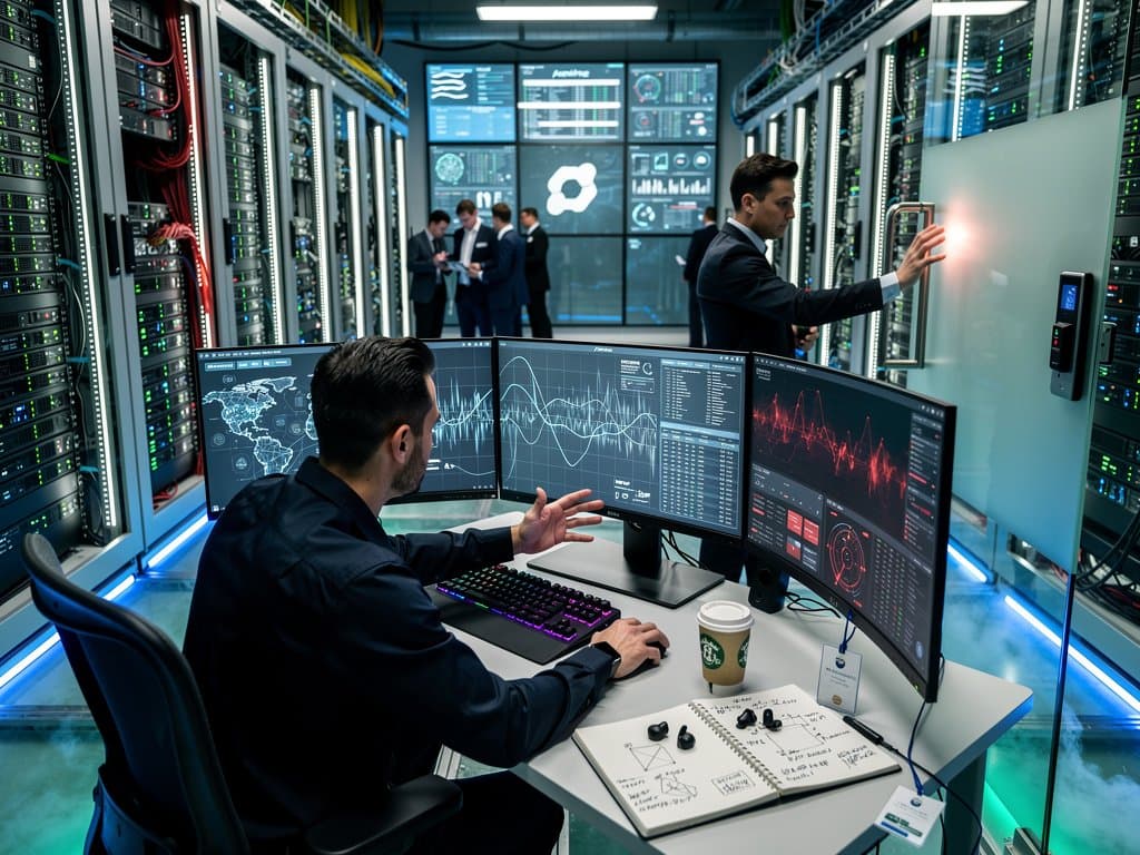 Compliance engineers monitor blockchain screens in a high-security Tier IV data center with server racks and transaction graphs on multi-monitor setups