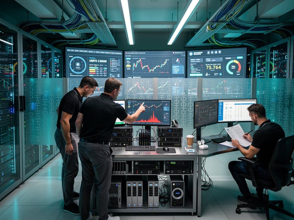 Compliance analysts monitor blockchain transactions on multi-screen setups in a high-security Tier IV data center operations room with server racks and glowing dashboards.