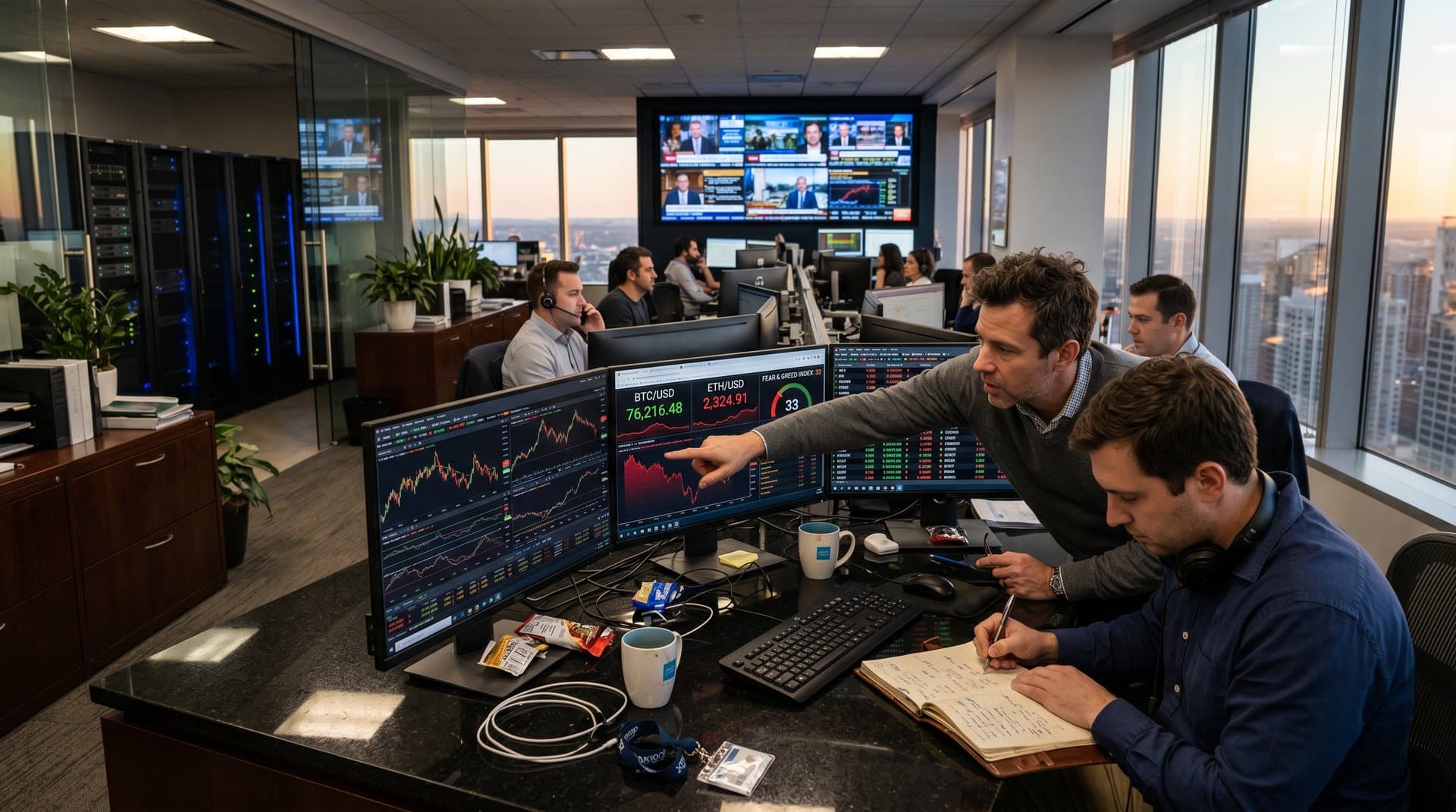 Modern Charles Schwab trading desk with multi-screen displays showing BTC at $76,216, Fear & Greed Index at 33, crypto volatility charts, and cloud analytics in professional office