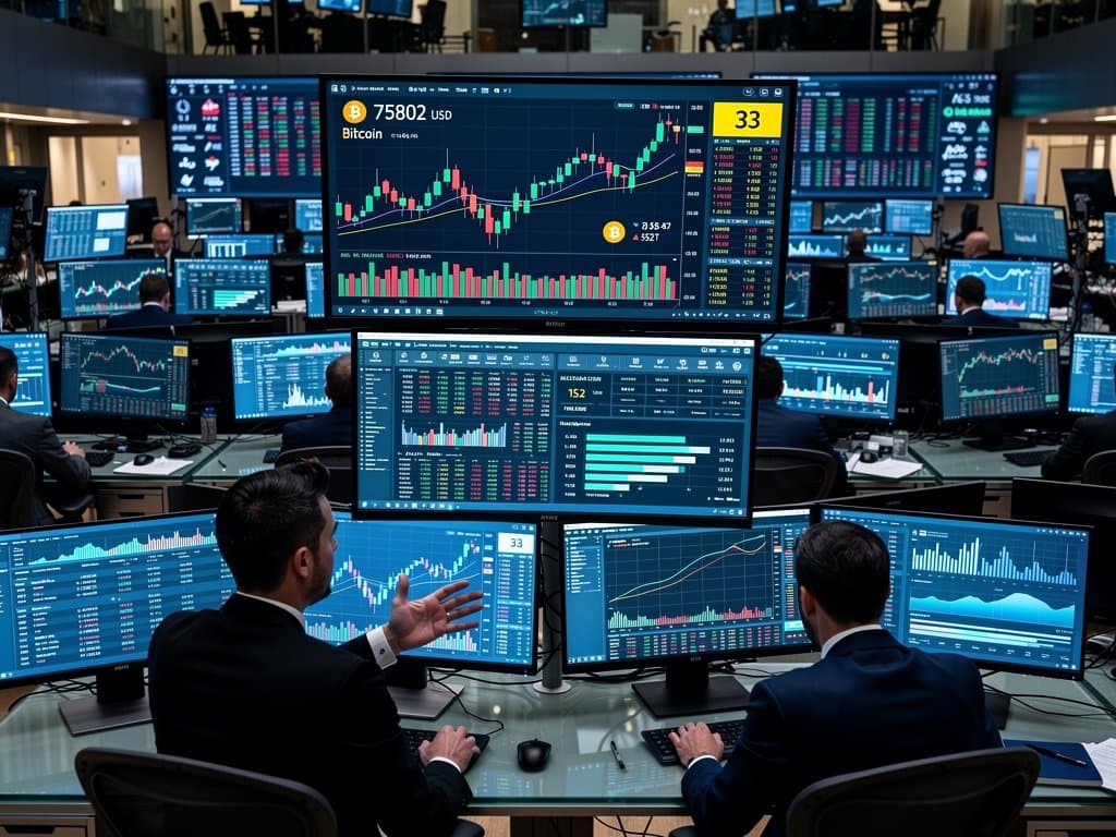 Trading floor screens show Bitcoin price at $75,802, Fear & Greed Index at 33, and crypto charts against city skyline