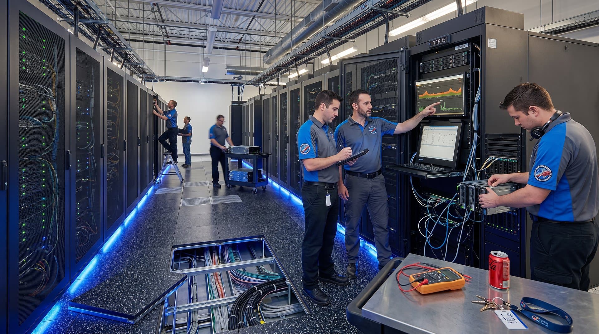 Engineers monitor Bitcoin metrics in a high-tech cloud data center with server racks, LEDs, and fiber cables
