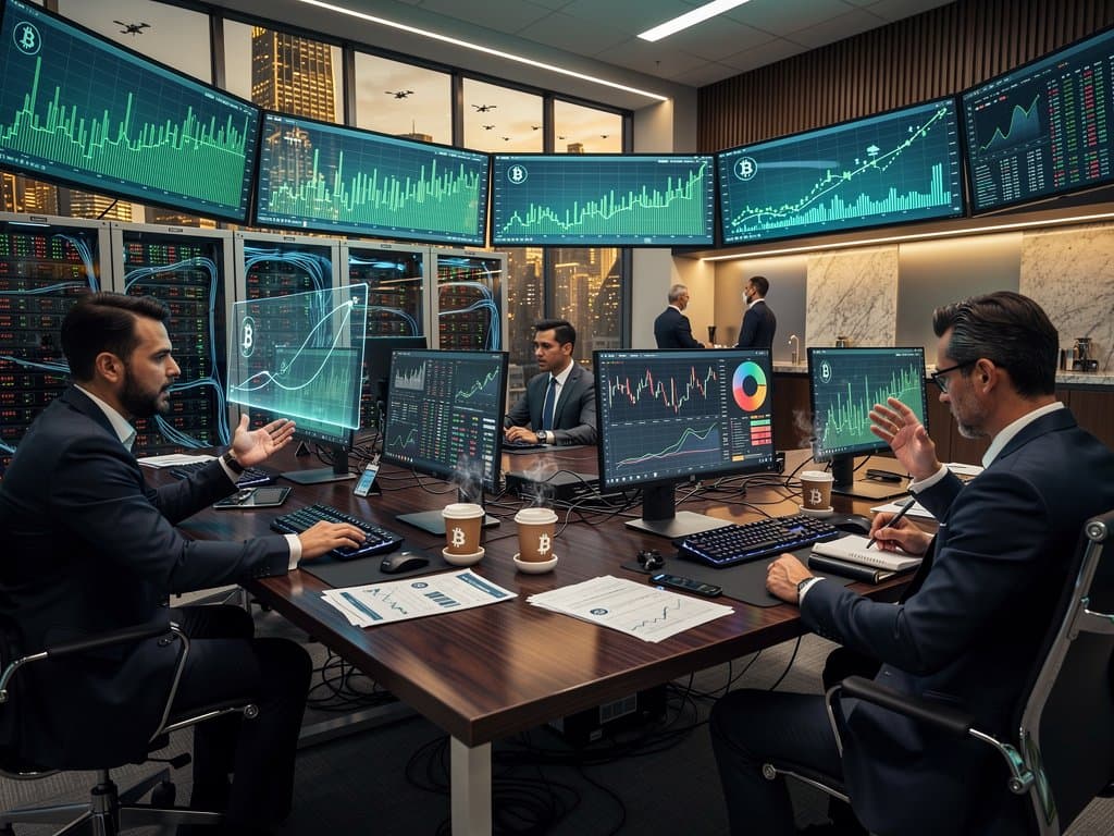Trading floor monitors show Bitcoin price at $75,903 amid charts and city skyline view