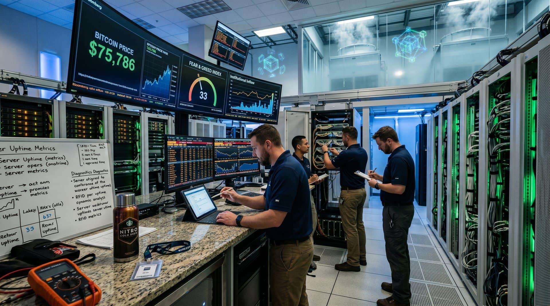 High-tech data center racks and monitors displaying Bitcoin price at $75,786 and Fear & Greed Index amid cloud infrastructure
