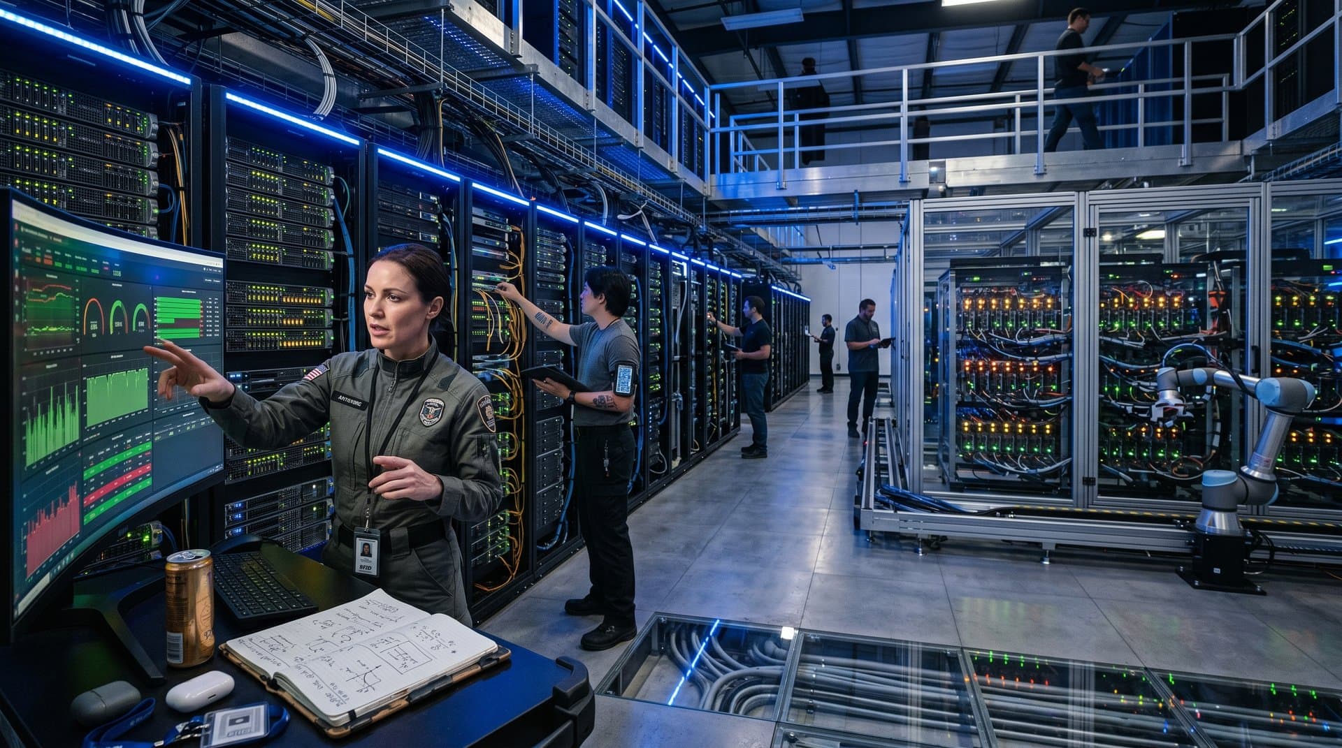 Blockchain servers and Bitcoin charts in a high-security Tier IV data center with glowing racks and holographic displays