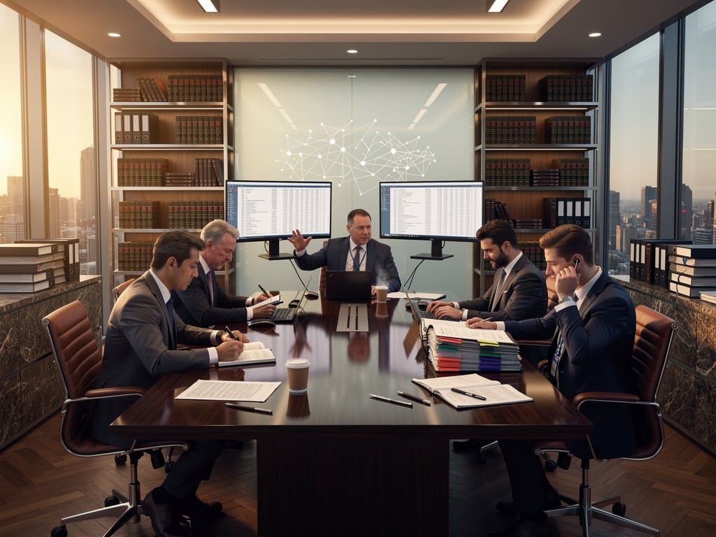 Law firm conference room with monitors displaying FLOW token charts and SEC documents against city skyline view