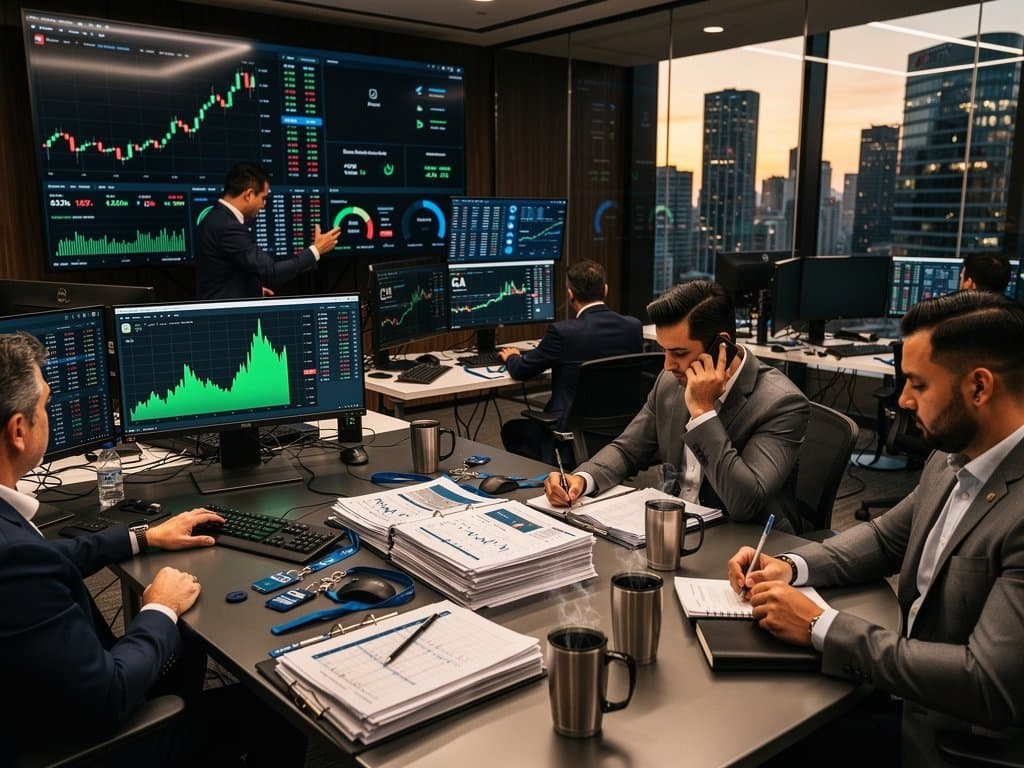 Trading screens show Solana charts, market data, and Fear & Greed Index in modern finance environment