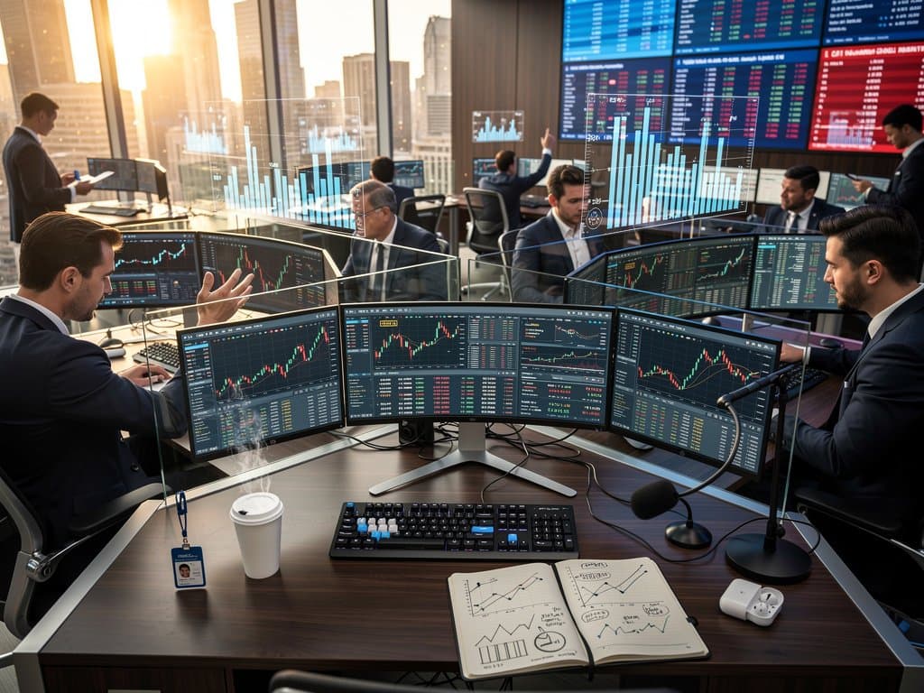 Abstract trading floor with Bloomberg Terminals displaying crypto prices like Bitcoin at $75K, modern desks and market feeds under LED lighting