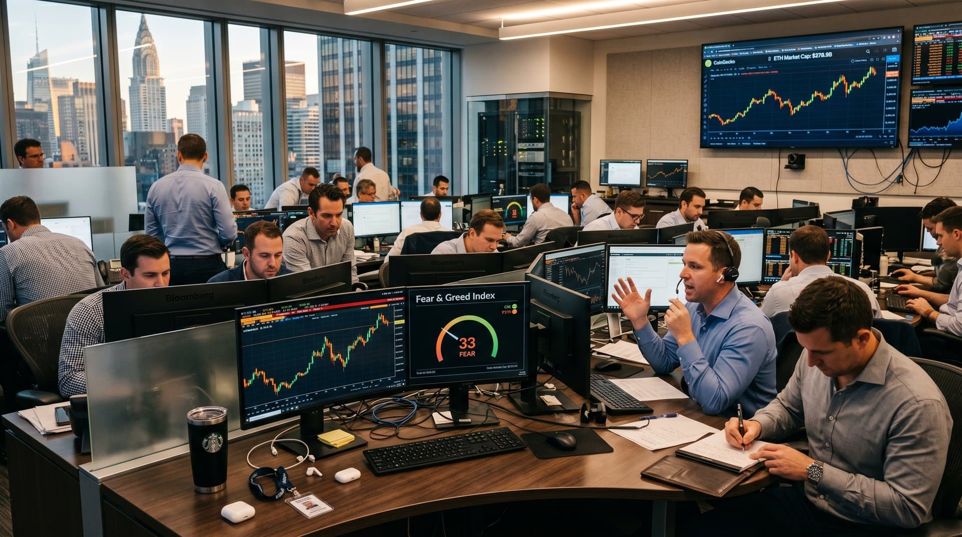Trading desks with Bloomberg terminals displaying Ethereum charts at $2,310, Fear & Greed Index, and market data amid skyline view.