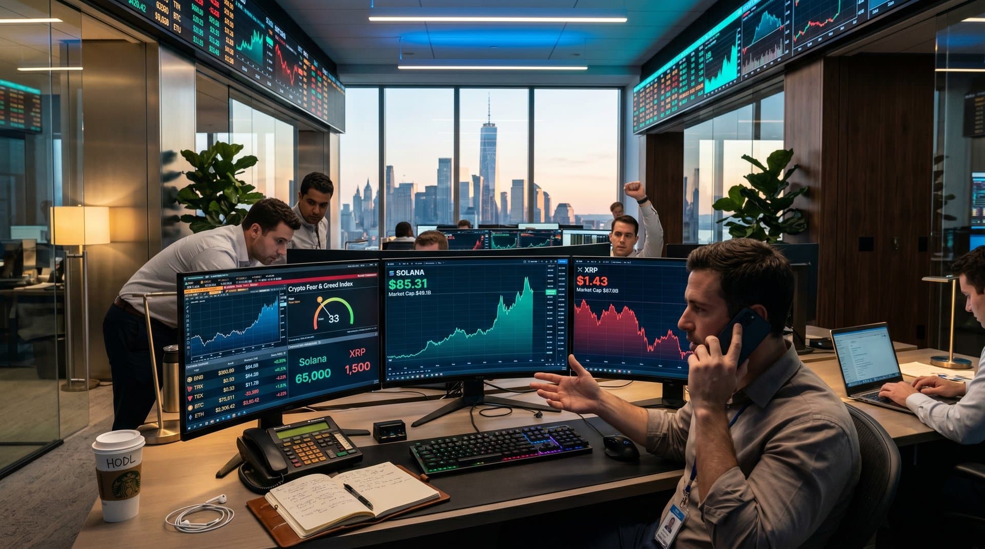 Professional trading desk with monitors displaying Solana outperforming XRP charts, $49.1B market caps, Fear & Greed Index at 33, and TPS comparisons in a high-energy finance environment