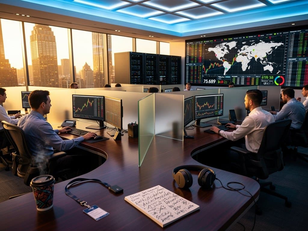 Abstract trading floor with Bloomberg Terminals showing declining crypto charts, Fear & Greed Index at 33, and Manhattan skyline