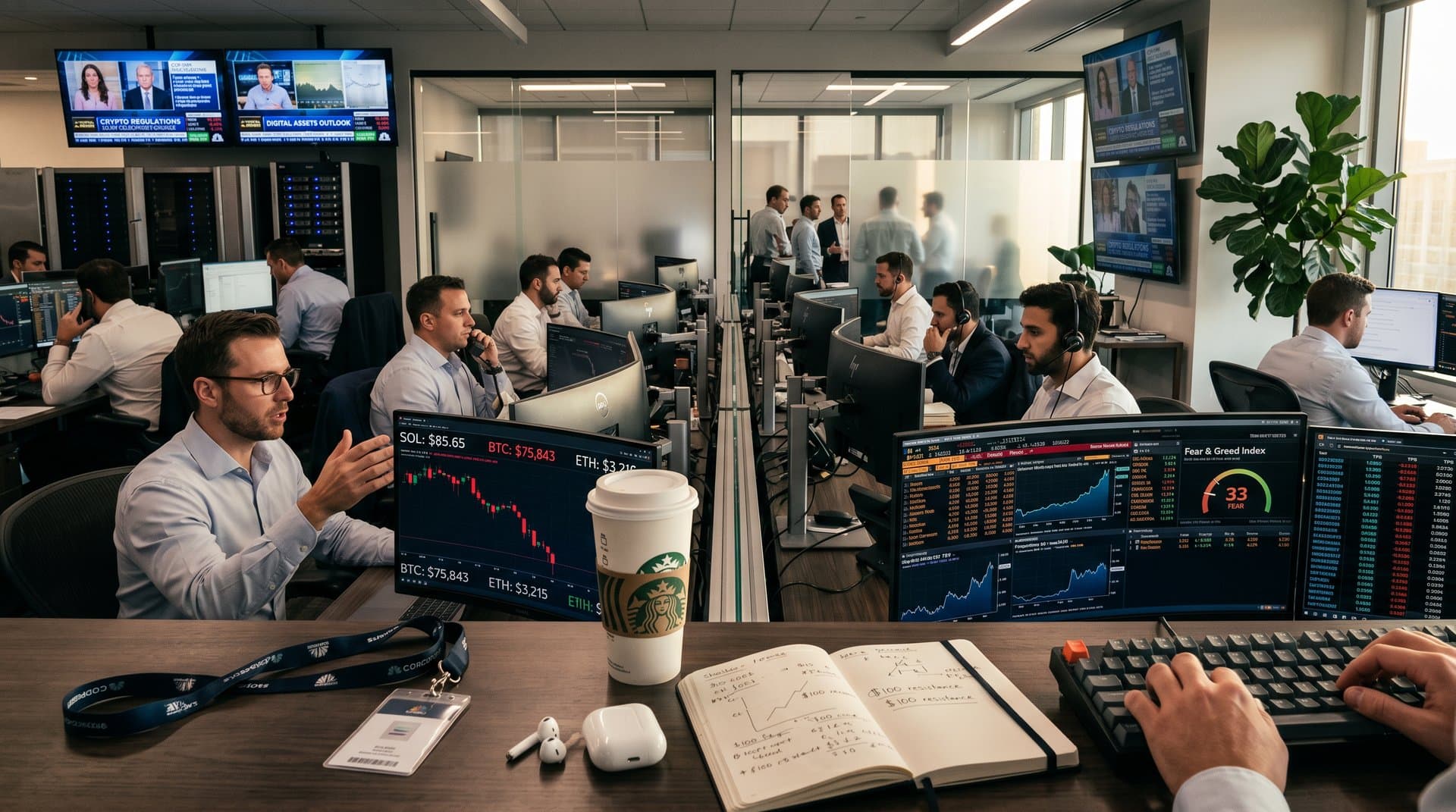 Monitors display Solana price charts at $85.65 on a modern trading floor with market data and city skyline