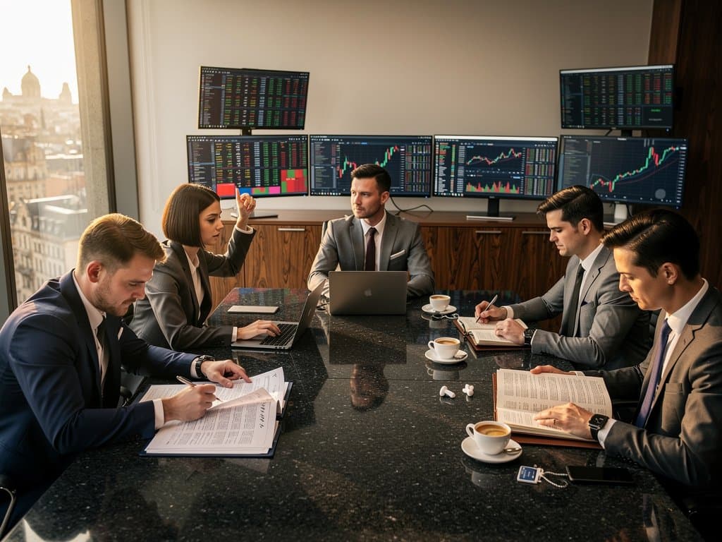 Crypto charts on Bloomberg terminals in modern conference room with MiCA notes, Bitcoin graphs, EU dashboards, and financial reports