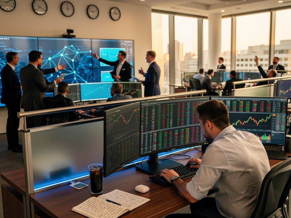 Traders monitor RWA crypto charts like FIGR-HELOC on multi-screen terminals amid modern trading floor and skyline view